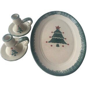 Ceramic 2-pc. Winter Holidays Christmas Tree Candle Holder and Dish Platter-READ